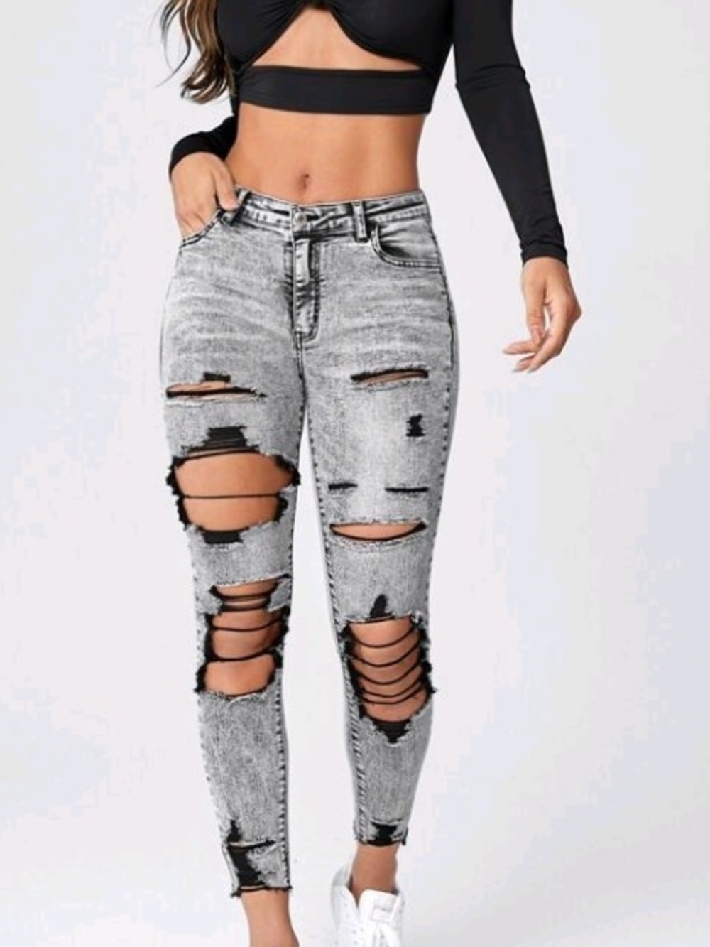 High-Rise Distressed Ripped Skinny Jeans - Light Gray